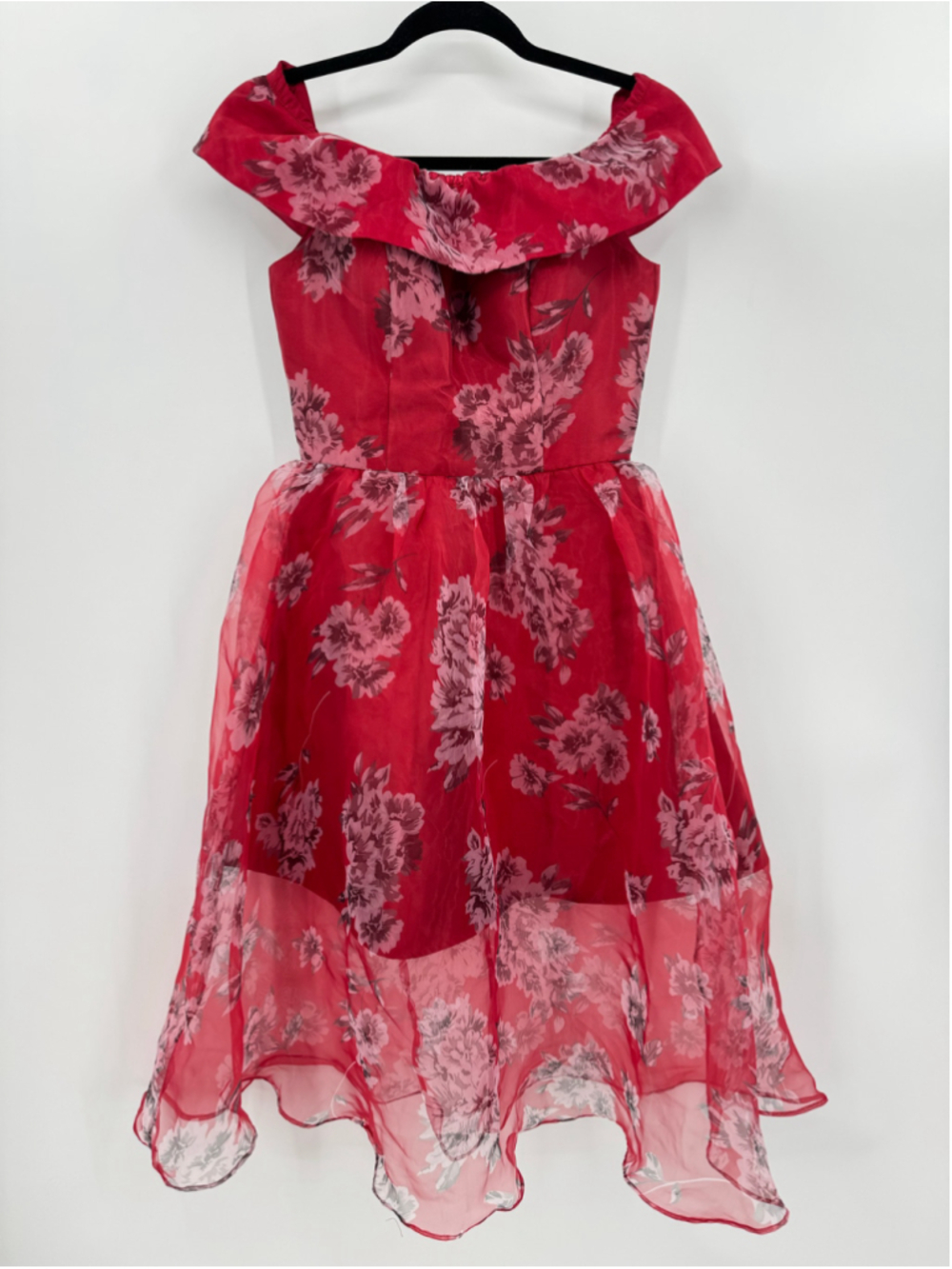 Chi Chi Red Dress Gray Floral Mini Skirt Midi Sheer Overlay Off Shoulder Size 4